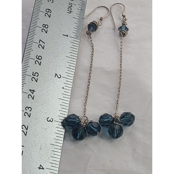 Handmade Sterling Silver 925 Blue Crystal Dangle Earrings  Silver Chain & Hook - Picture 4 of 5
